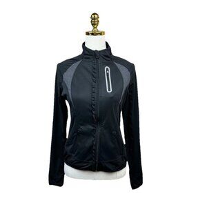 ATHLETA Prevail Ruffle Running Jacket Full Zip Reflective Thumbholes Black Small